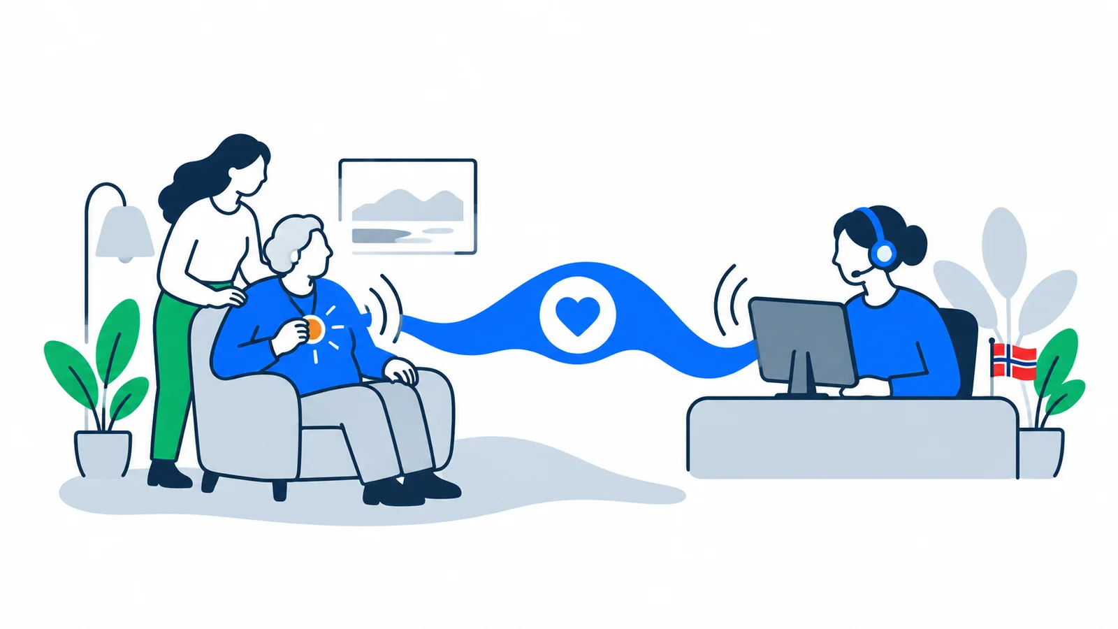 Illustration about Safety alarms: how elderly get help at home in Norway